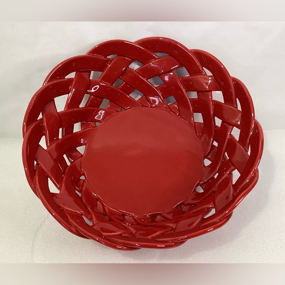 Primogi Handmade Red Ceramic Woven Basket Bread/Fruit Basket Made in Italy